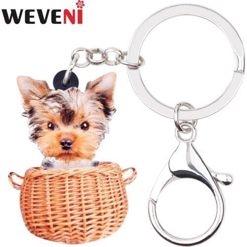 WEVENI Acrylic Basket Yorkshire Dog Key Chains Keychains Holder Cute Animal Jewelry For Women Girls Pet Lovers Bag Car Pendant