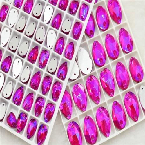 Sparkle flatback crystals rhinestones holes sewn dance clothes decorations Fuchsia AB 7x12mm 17x28mm 11x18mm teardrop