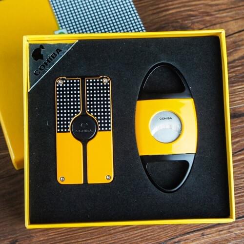COHIBA Cigar Lighter Cutter Windproof Torch 3 Jet Flame Cigar Accessories set Butane Gas Metal with Punch Gift Box