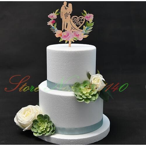 Color Flower Style Rustic Wood Cake Topper Bride and Groom Wedding Cake Topper for Cake Decorating Accessory Heart Mr & Mrs
