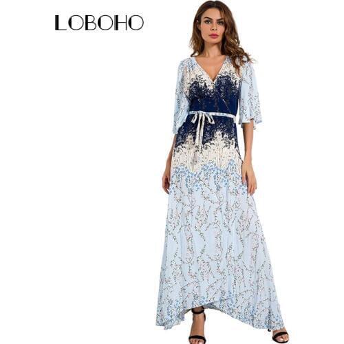 Floral Print Long Dresses Women Summer 2018 Fashion Boho Style Maxi Dress Half Sleeve Open Slit Casual Wrap Dress With Belt