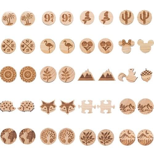 Brown Wood Round Ear Post Stud Earrings Stainless Steel Arrowhead Animal For Women Jewelry Gifts 1 Pair