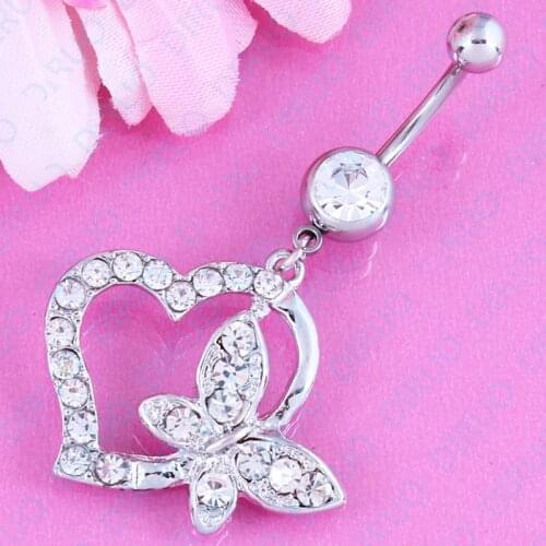 Heart Butterfly Pendant navel ring Belly bar fashion women body piercing jewelry 14G belly ring nickel-free