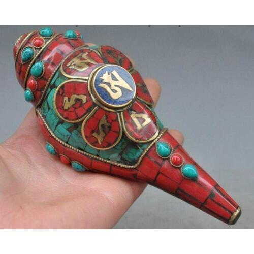 Collect Rare Tibet Buddhism Bronze Inlay Turquoise Coral Conch Shell Trumpet