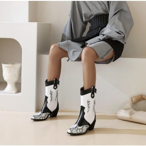 Retro western cowboy boots women 2020 new womens snake stitch mesh red thin boots thick heel high heel short boots