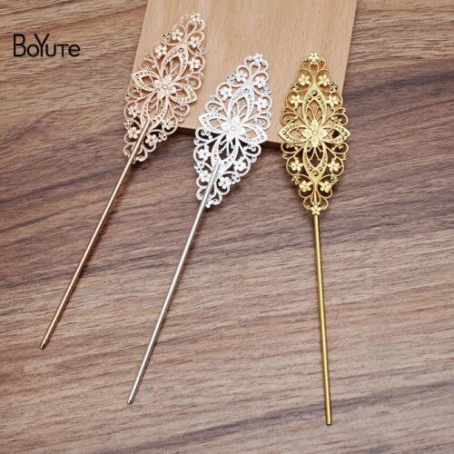 BoYuTe (2 Pieces/Lot) 35*80MM Metal Brass Filigree Flower Hair Stick Materials Diy Handmade Vintage Hair Accessories Wholesale