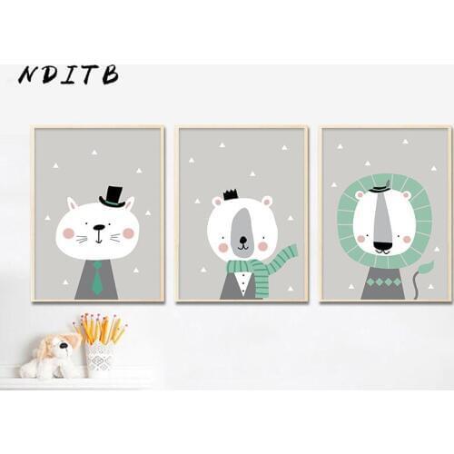 Cute Cartoon Animal Bear Lion Wall Art Canvas Poster Minimalist Print Painting Nordic Kids Decoration Pictures Bedroom Decor