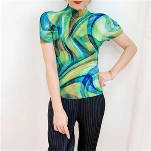 Miyake pleated short-sleeved top womens half-high collar 2021 summer new fashion print slim slimming T-shirt small shirt women