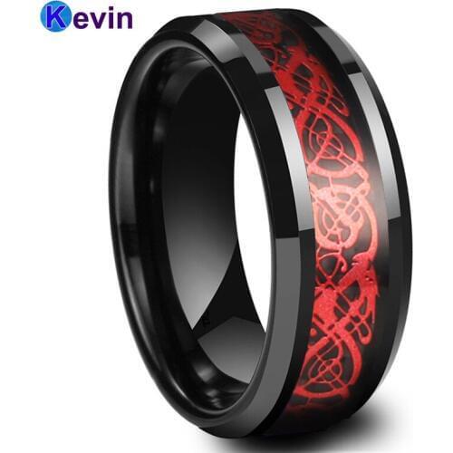 Mens Womens Engagement Wedding Rings Tungsten Ring With Black Carbon Fiber And Red Dragon Inlay