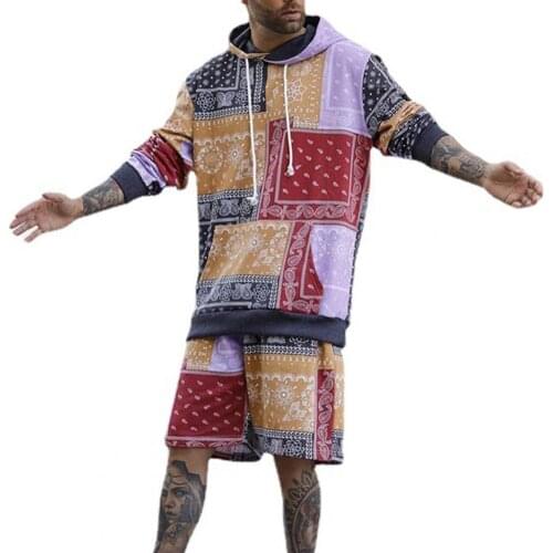 Autumn Men Shorts Set Bohemia Print Top Shorts Set Elastic Waist Autumn Long Sleeve Hooded Top Shorts Set