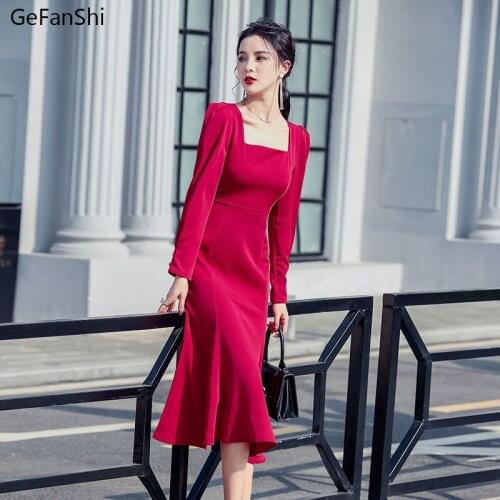 2021 New Spring Autumn Women Dresses Casual Long Sleeve Sexy Vintage French Style Dress Fashion Elegant Slim Office Dresses Robe