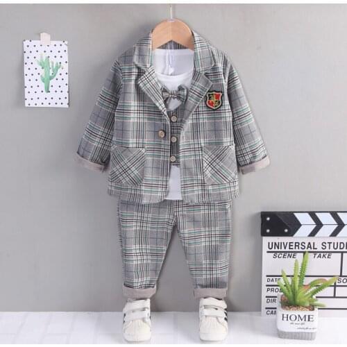 New Autumn Children Cotton Formal Clothes Baby Boys Shirts Plaid Wedding Coat Pants 3Pcs/sets Out Kids Toddler Party Clothing