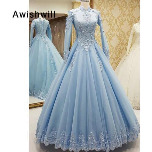 New Arrival Arabic Long Sleeve Evening Gown Muslim Women Ball Gown Party Dress Lace Appliques Tulle Elegant Prom Dress