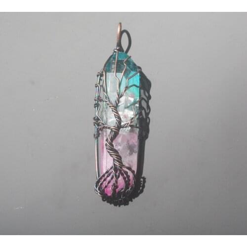 Charm Mix Colour Quartz Crystal Pillar Big Pendants Antique Copper Wire Wrapped Tree of Life Quartz Pendant 1PCS