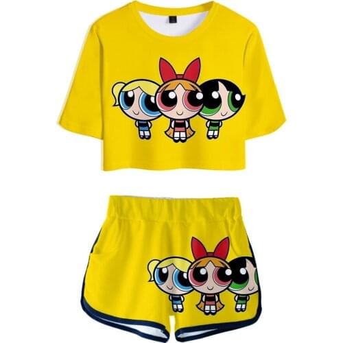 Popular Cartoon Buttercup Powerpuff Aesthetic 2 Pieces Sets Kawaii Powerpuff Cute Girls 3D Women Crop Top and Shorts Drops
