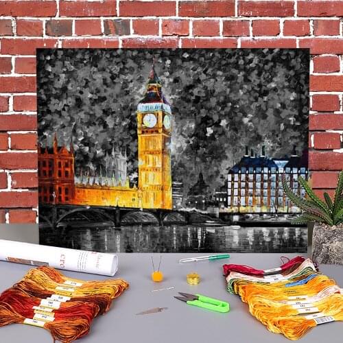 Big Ben London Black And White Printed Water-Soluble Canvas 11CT Cross-Stitch Embroidery Kit DMC Threads Hobby Different