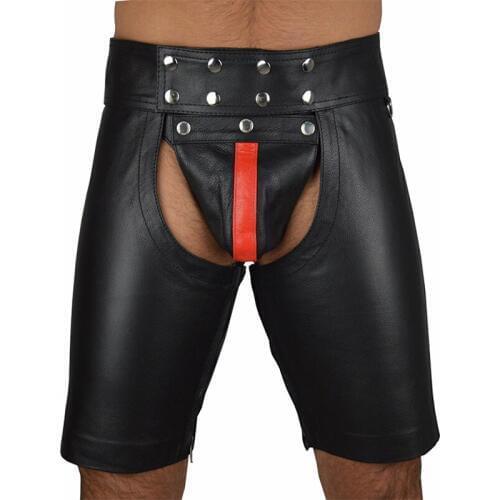 Plus Size M-XXXL Sexy Tight Black PU Leather Shorts Men Lace-Up Bondage Jockstrap Lingerie Open Butt Fetish Gay Boxers Panties
