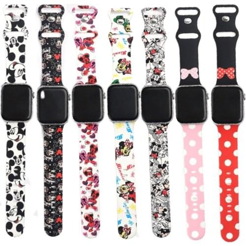 Disney Mickey Minnie Watchband IWatch Strap 38/40 42/44MM Cartoon Print Silicone Sports Strap for Iwatch Series SE/6/5/4/3/2/1