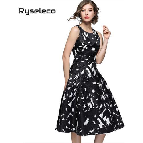 Ryseleco Quality Oil Paint Print Casual A-Line Women Office Dresses Sleeveless Elegant Jacquard Slim Party Midi Party Vestidos