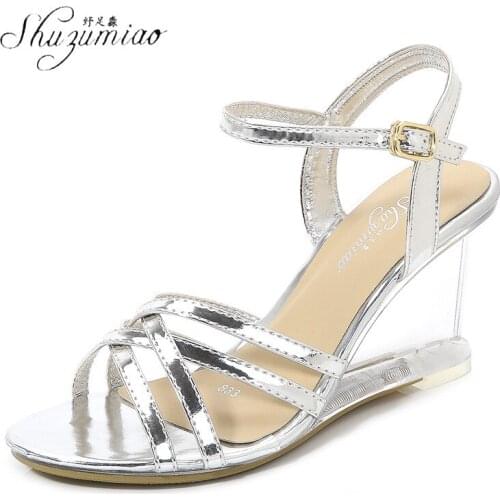 SHUZUMIAO Fashion Sexy Women Shoes Peep Toe Transparent Heel Wedges High Heels Sandals Gladiator Buckle Strap Narrow Band Pumps