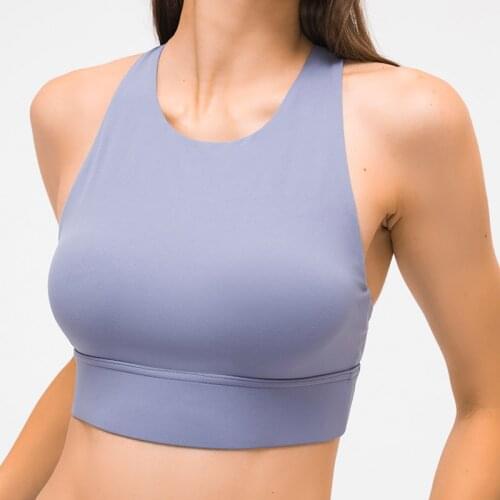 High Neck Crisscross Strappy Gym Sports Bra Women Padded Medium Support Yoga Bras Shockproof Running Workout Tank Tops
