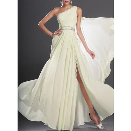 A Line Light Yellow One Shoulder Beaded Long Prom Dress With Cape And Split