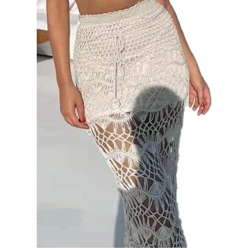 Women Beach Fashion Beige Cutout Female Maxi Skirts Swim Cover Up Ladies Swimsuit Knitted Crochet Skirt For Women BeachWear