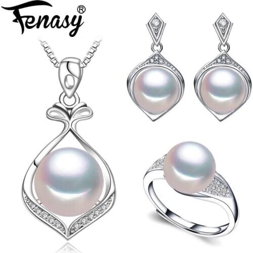 FENASY 925 Sterling Silver Jewelry Sets Natural Pearl Pendant Necklaces For Women Trendy Stud Earrings With Stones Wedding Rings