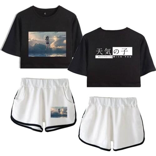 Son of the weather Women Summer Fashion Harajuku Two piece sets summer streetwear navel tshirt + shorts set