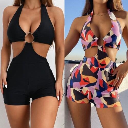 2021 New Women Sexy One-Piece Swimsuit Halter O-Ring Monokini Boyleg Shorts Bathing Suit