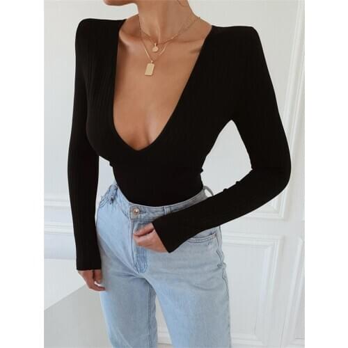 Womens Fall Romper Knitting Tops Elastic Deep V Collar Casual Slimming Long Sleeve Jumpsuit fashion comfortable