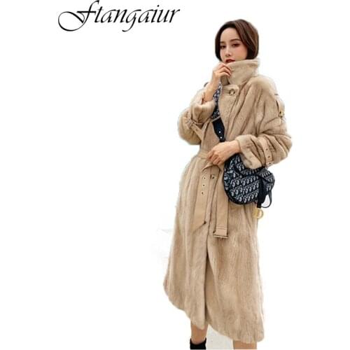 Ftangaiur 2021 Winter Import Velvet Mink Coat Mandarin Collar Sashes Loss Natural Fur Coat Women X-Long Real Mink Fur Coats