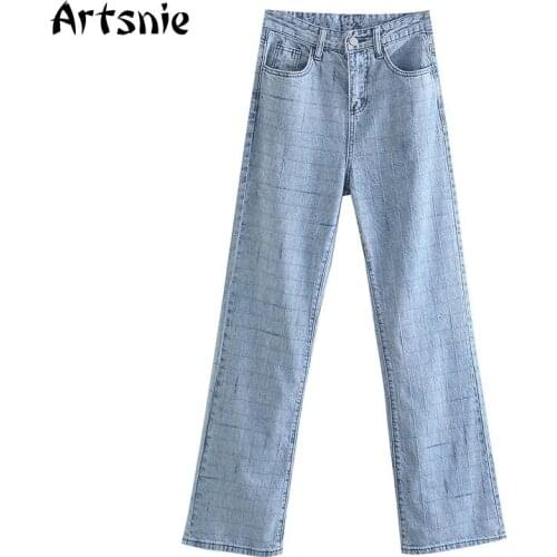 Artsnie Vintage Plaid Straight Jeans Women Summer 2021 Streetwear Blue Casual Long Pants High Waist Ladies Denim Pants Femme