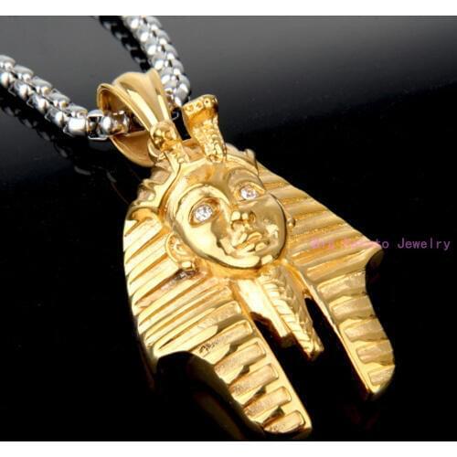 High Quality Gold Ancient Egyptian Characters CZ Stainless Steel Pendant Necklace Cycle Male Jewelry Free Box Chain 60cm