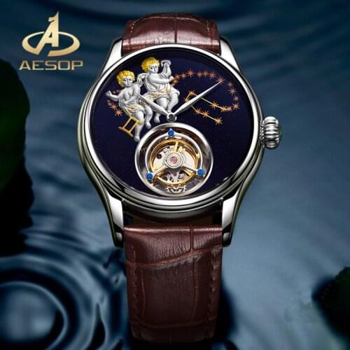 AESOP Men Mechanical Watch 100% Real Tourbillon Watch Fashion Trend Twelve Constellation Gemini Dial Waterproof Watch