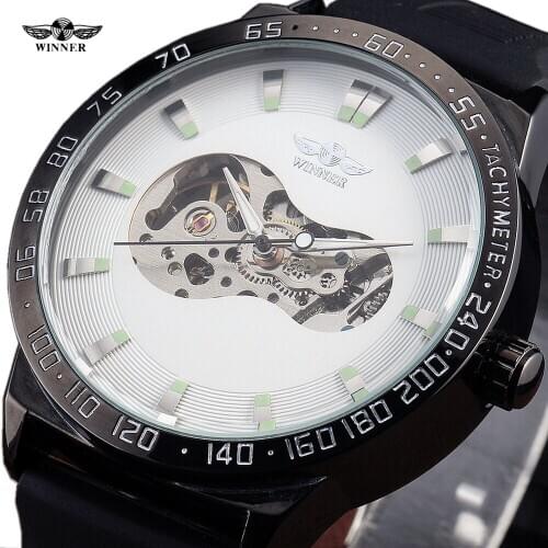New WINNER Watch Men Black Rubber Strap Sport Mechanical Analog Wristwatch Fashion Male Skeleton Automatic Military Clock
