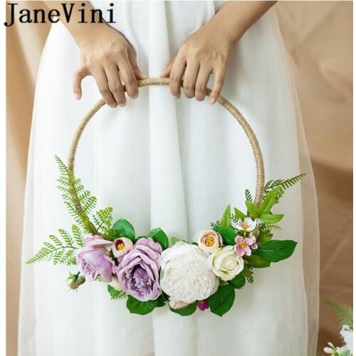 JaneVini Artificial Red Bridal Flowers Round Flower Wreath Basket Garland Silk Rose Bride Wedding Bouquets Knocker Accessories