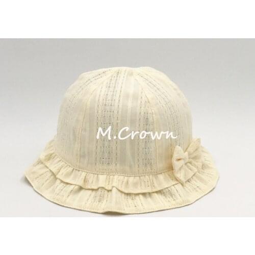 Kids Girls Jacquard Cotton Fabric Bucket Cap with Bow Tie Decoration and Double Layer Brims