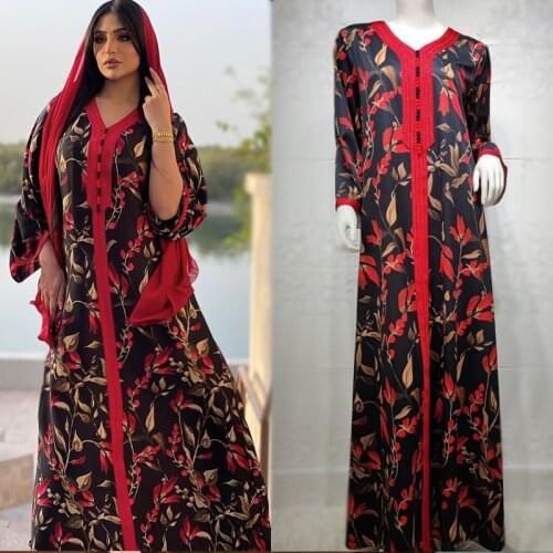 Dubai Abaya Kaftan Turkish Islamic Maxi Dresses Women Clothing Muslim Print Flower Jalabiya Loose Plus Size Dress Ramadan Eid