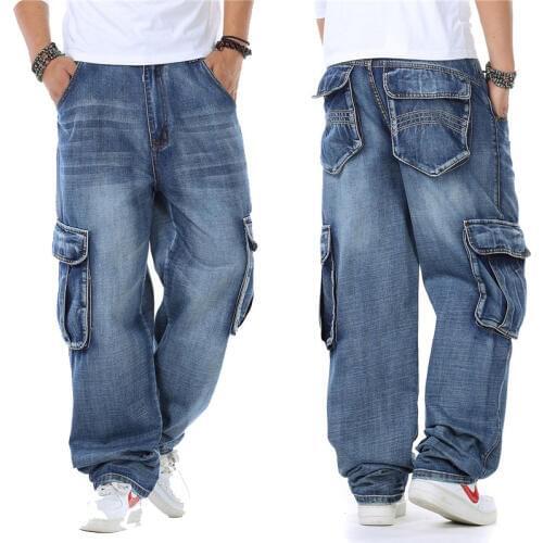 2020 New Japan Style Brand Mens Straight Denim Cargo Pants Biker Jeans Men Baggy Loose Blue Jeans With Side Pockets Jeans men