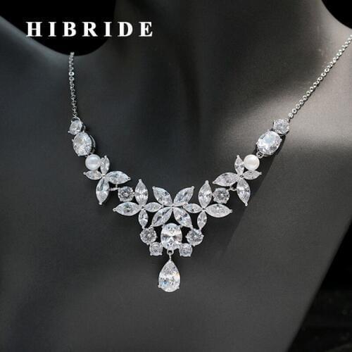 HIBRIDE Classic Clear Cubic Zirconia And Pearl Women Wedding Jewelry Set Bridal Necklace Earring For Engagement Gifts N-249