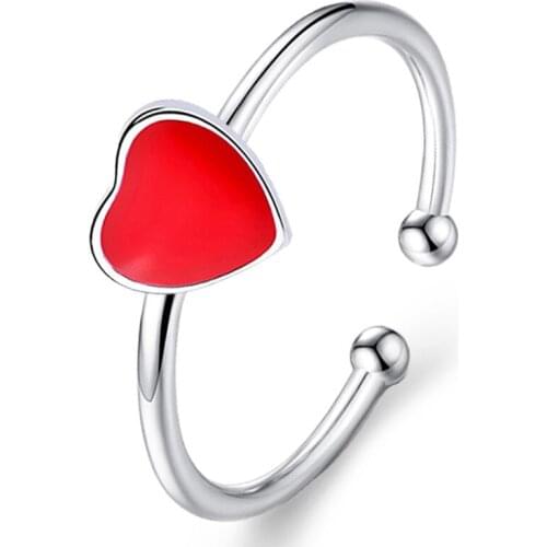 JewOrna Red Heart Wedding Band Rings Women Silver Color Resizable Ring JOR068