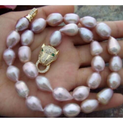 Fashion 11-13mm natural Purple white Cultured pearl necklace 18". 36" Leopard head clasp