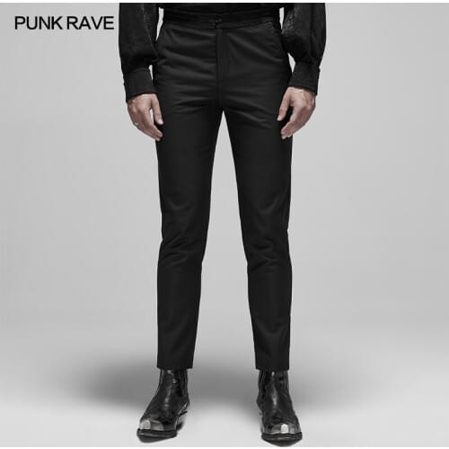 PUNK RAVE Mens Gothic Black Embroidered Woven Fabric Plain Trousers Gorgeous Feel Party Evening Dinner Man Pants