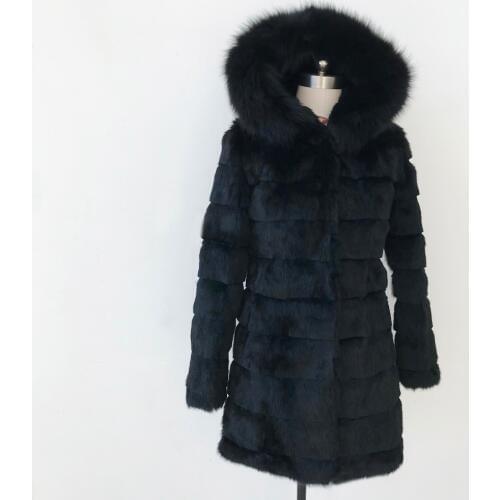 New Winter Real Rabbit Fur Jacket Warm Soft Long Coat Women Party Dress Outwear with Hood Fox Fur Collar Overcoat tsr460