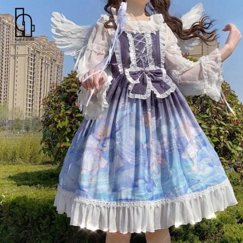 Luck A Japanese Sweet Lolita Dress Girls Angel Dolphin Bay Cartoon Print Sling Dress Vintage Victorian Gothic Princess Dress
