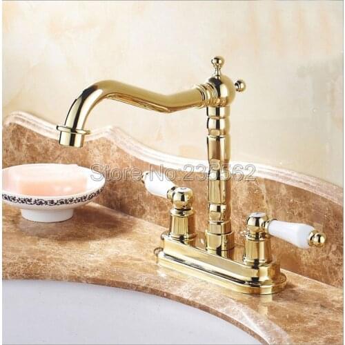 Luxury Gold Brass Swivel Spout Kitchen Bathroom Vessel Sink Two Holes Basin Swivel Faucet Dual Handles Water Tap Lnf431
