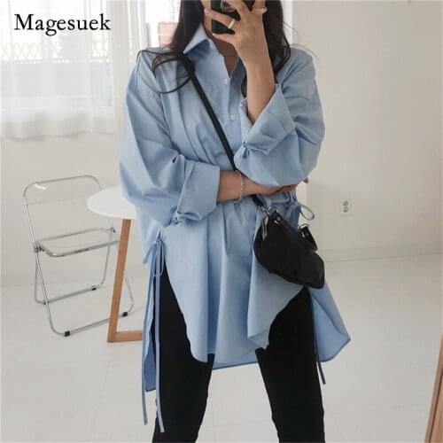 Oversized Button Lapel Shirt 2021 Elegant Shirts Womens Asymmetrical Blouse Womens Lace Up Blusas Tunic Top Female Tops 15899