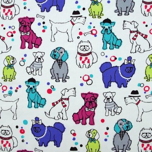 1 yard Cotton Twill Fabric for sewing pathwork, dress, cloth, bedding - Dogs on white background (width=160cm)