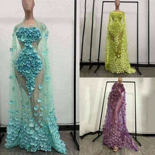 Rhinestone Flowers Transparent Long Dress Birthday Celebrate Outfit Bar Women Dancer Prom Party Wear Singer Dresses DT3138